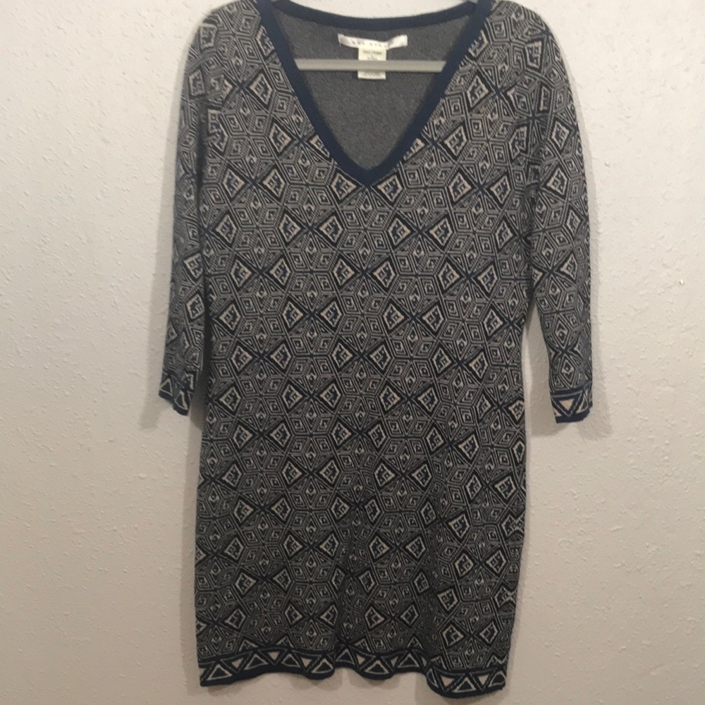 Max Studio V-Neck Navy Blue & Khaki 3/4 Sleeve Knit Sweater Dress size L